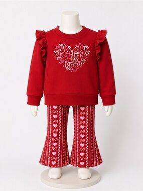 btween Red Girls Heart Bow Ruffle Sweater & Patterned Bell-Bottom Set